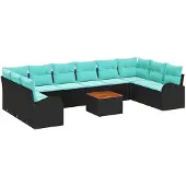 vidaXL Tuinset met 11 onderdelen, zwart en turquoise, van polyrotan