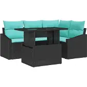vidaXL Tuinbank Set 5 st Zwart en Blauw poly rattan