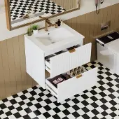 OKWISH wandgemonteerde wastafelonderkast met 2 stille lades, geïntegreerde wastafel, modern design, wit