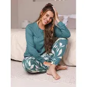Pastunette Pyjama 'Nordic Leaf' crème / donkergroen