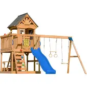 Axi Jack Speeltoestel van hout in Bruin | Speeltoren met zandbak, trapeze, dubbele schommel en blauwe Glijbaan | Speelhuis op palen voor de tuin