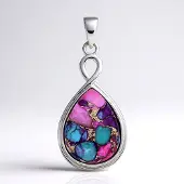 Cavill - Zilveren Hanger - 925 Sterling Zilver - Turquoise Mozaïek 8,54ct Druppelvormige Cabochon - Kleurrijk & Elegant Dames Sieraad