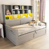 MODFU -Slaapbank-MDF-Grijs-Opbergruimte-LED-Verlichting-Stekkerdoos-Eenpersoons