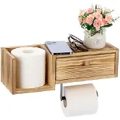 Unyqoos Wandgemonteerde houten toiletrolhouder met plank en lade voor badkamer