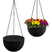 Famanu – Kunststof bloempot in antraciet rotanlook, set van 2, 23 cm