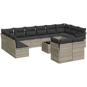 vidaXL 13-delige Loungeset met kussens poly rattan lichtgrijs