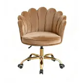 Russle Velvet Shell Bureaustoel Lichtbruin met Goudkleurig onderstel - Fluweel - Schelp - Beauty - Salon - Studeren - Slaapkamer - Kaptafel - Visagie - Kapper - Trendy - Verrijdbaar - Verstelbaar