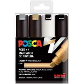 Posca Set van 4 Verfmarkers, 6-8mm Punt, Waterbasis, Zilver, Goud, Wit, Zwart