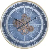 Fresco Wandklok Ø 60 cm - Bewegende Tandwielen – Wereldkaart – Blauw/Goud – Industriële Klok