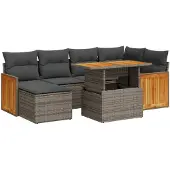 vidaXL 7-delige tuinmeubelset met kussens, grijs, polyrotan, acaciahout