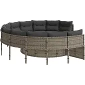 vidaXL Tuinbank met kussens rond poly rattan grijs