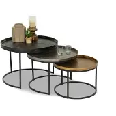 Bommel Wonen Salontafel set van 3 Zulia - rond 70/60/50 cm - metaal mix Zwart/Tin/Goud - sale - OP=OP