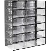 Songmics Set van 18 opvouwbare schoenendozen, Transparant + Zwart / M ( 33,3 X 23 X 14 cm )