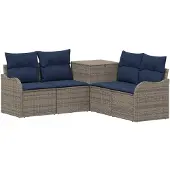 vidaXL Bankstel 5 st Grijs en Marineblauw Poly Rattan en Staal