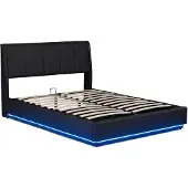 En.casa LED-boxspringbed 'Tröstiar' met opbergruimte, kunstleer, 140 x 200 cm, zwart