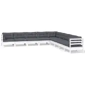 vidaXL 9-delige loungeset voor de tuin met kussens, wit, massief grenenhout