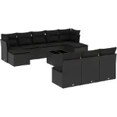 vidaXL 11-delige tuinmeubelset met kussens, zwart, polyrotan