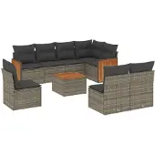 vidaXL 9-delige Loungeset met kussens poly rattan grijs