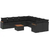 vidaXL 11-delige tuinmeubelset met kussens, zwart, polyrotan