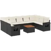 vidaXL 10-delige Loungeset met kussens poly rattan zwart