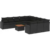 vidaXL 12-delige Loungeset met kussens poly rattan zwart