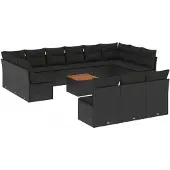 vidaXL 14-delige loungeset voor de tuin met kussens, zwart, polyrotan
