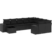 vidaXL 10-delige loungeset voor de tuin met kussens, zwart, polyrotan