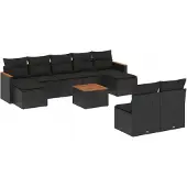 vidaXL 10-delige loungeset voor de tuin met kussens, zwart, polyrotan