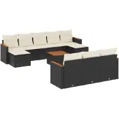 vidaXL 11-delige tuinmeubelset met kussens, zwart, polyrotan