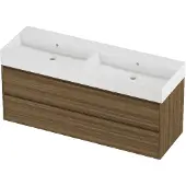 Proline Zara Badmeubel In Kader 140x46cm - 2 Laden Symmetrisch - Greeploos - Wastafel Dubbel Glans Wit - Zonder Kraangat - Caramel Walnut