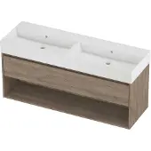 Proline Zara Badmeubel 140x46cm - 1 Lade Met Schap - Greeploos - Wastafel Dubbel Glans Wit - Zonder Kraangat - Raw Oak - Badkamermeubels, Badmeubel