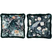 J-Line kussen Bloemen + Vogels - polyester - donkergroen - 2 stuks