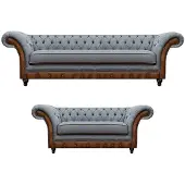 AEA Chesterfield Hellgrau-Braune Sitzmöbel Designer Dreisitzer 2-Sitzer 2tlg