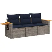 vidaXL 3-delige tuinmeubelset met kussens, grijs, polyrotan