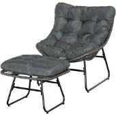 Outsunny Loungestoel met Poef Rotan Look - Tuinstoel en Voetenbank Set - Grijs