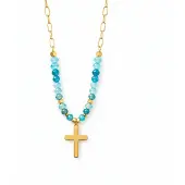 Deja Jewels Goudkleurige Dames Kralenketting met Turquoise Kralen en Kruishanger