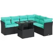 vidaXL 7-delige tuinmeubelset met kussens, zwart, polyrotan, acaciahout