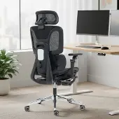 OKWISH Ergonomische Bureaustoel Met Verstelbare Hoofdsteun Lendensteun 6D Armleuningen Voetensteun Ademend Zwart