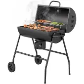 Outsunny metalen houtskoolgrill, BBQ-smoker met deksel, thermometer en wielen