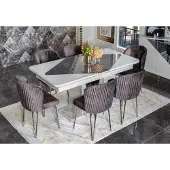 AEA Designer Weißer Esstisch x6 Dunkel-Lila Textil Stühle Esszimmer Garnitur