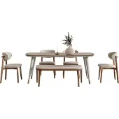 AEA Glänzend 6tlg. Esszimmergarnitur Elegant Esstisch Beige 4x Stühle Hocker