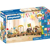 Playmobil verjaardagstrein speelgoedset met dieren en stickers.