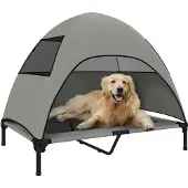 PawHut hondenbed voor buiten met dak, verhoogd stalen frame, 106x76x99 cm, lichtgrijs