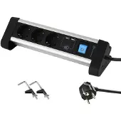 Electraline 62553, stekkerdoos met 3 stopcontacten, aluminium, voor op het bureau, plus 2 USB-poorten (2.4A)