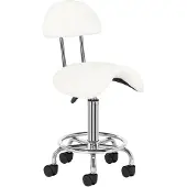 Activeshop Ergonomische Cosmetische Zadelkruk – Met Rugleuning – Verstelbaar 49–62 cm – Wit Ecoleer – Zilverkleurig Onderstel – Kapperskruk / Werkstoel