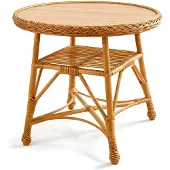Merkloos Ronde tafel met rieten onderstel en houten blad