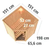Karibu Sauna, binnensauna, Nanja, hoekmodel. Oven: 3,6 kW, externe bediening. Afmetingen: 151x151x198 cm. Zonder dakrand. Met energiebesparende deur