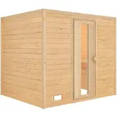 Karibu Sauna, binnensauna, Sonara, voorzijde met instapopening, zonder accessoires, 231x195x200 cm, zonder daklijst, met grijze deur