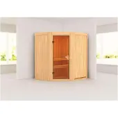 Karibu Sauna, binnensauna, model Tonja, hoekmodel, zonder accessoires, afmetingen 184x165x202 cm, met daklijst, met deur van helder glas