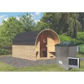 Karibu Saunahuis, buitensauna, sauna-vat, houten constructie, 3 onbehandeld, oven 9 kW, , externe bediening, easy, 38mm massief hout, 224x364x230 cm